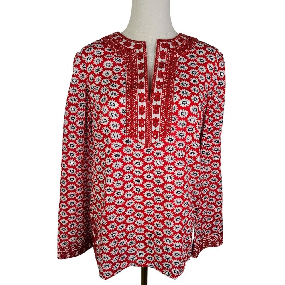 Tory Burch Red Jayne Mod Flower-Print Sequin Lace Tunic Size 8 Boho - Picture 2 of 11